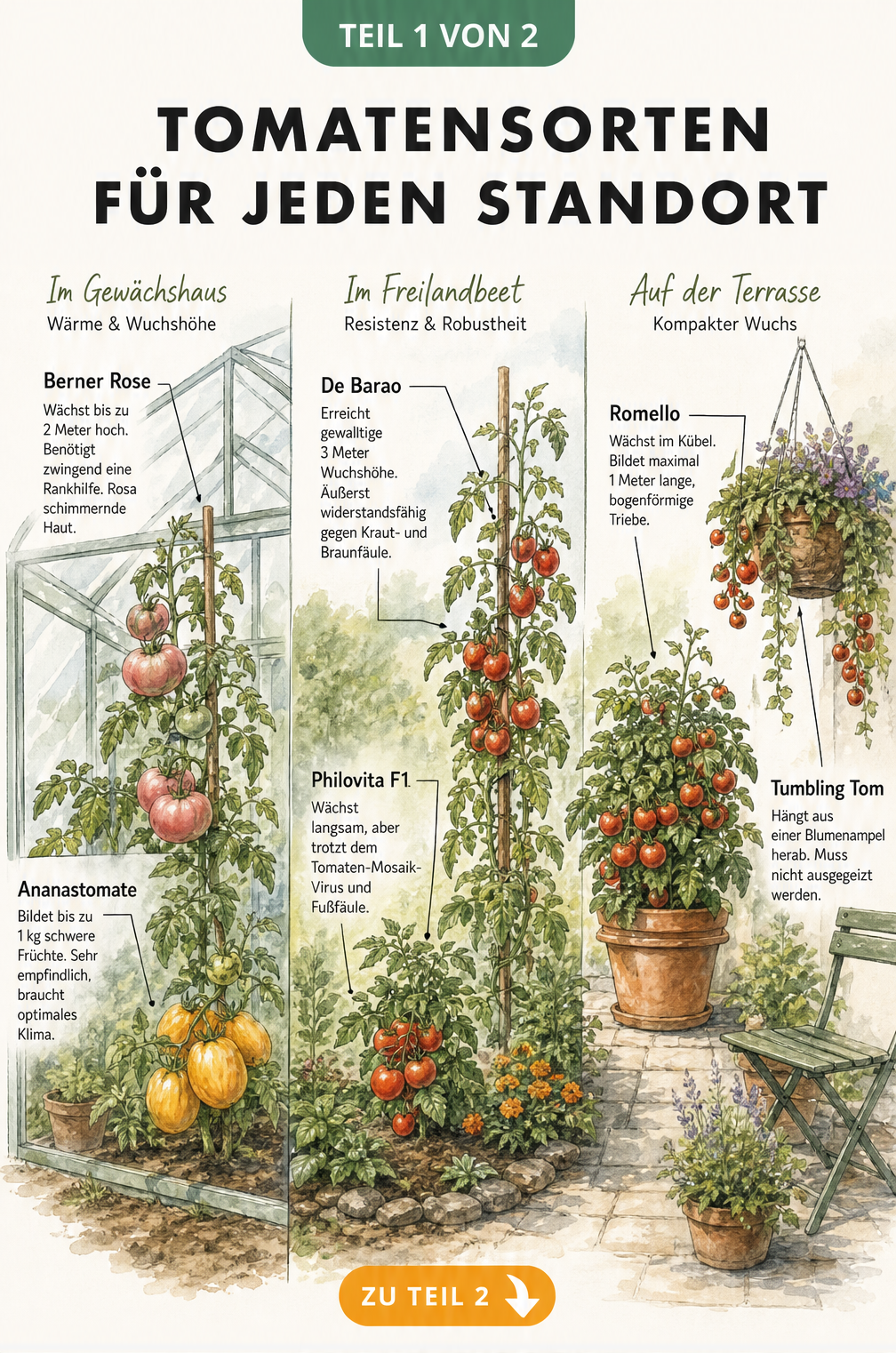 Illustration eines Gartens mit Gewächshaus, Freilandbeet und Terrasse, die verschiedene Tomatensorten und ihre idealen Standorte zeigt.