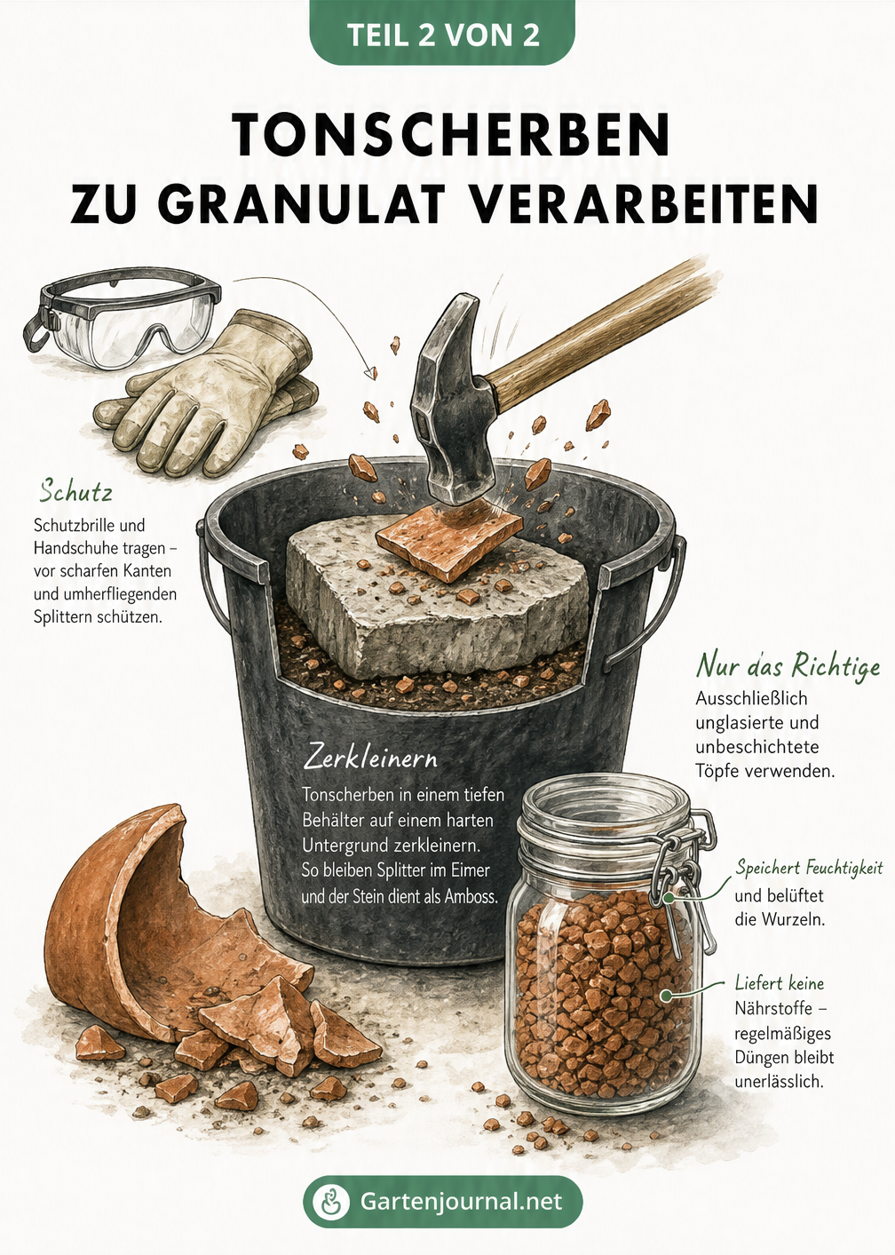 Illustration: Alte Tonscherben werden in einem Eimer mit einem Hammer zu Pflanzgranulat zerkleinert