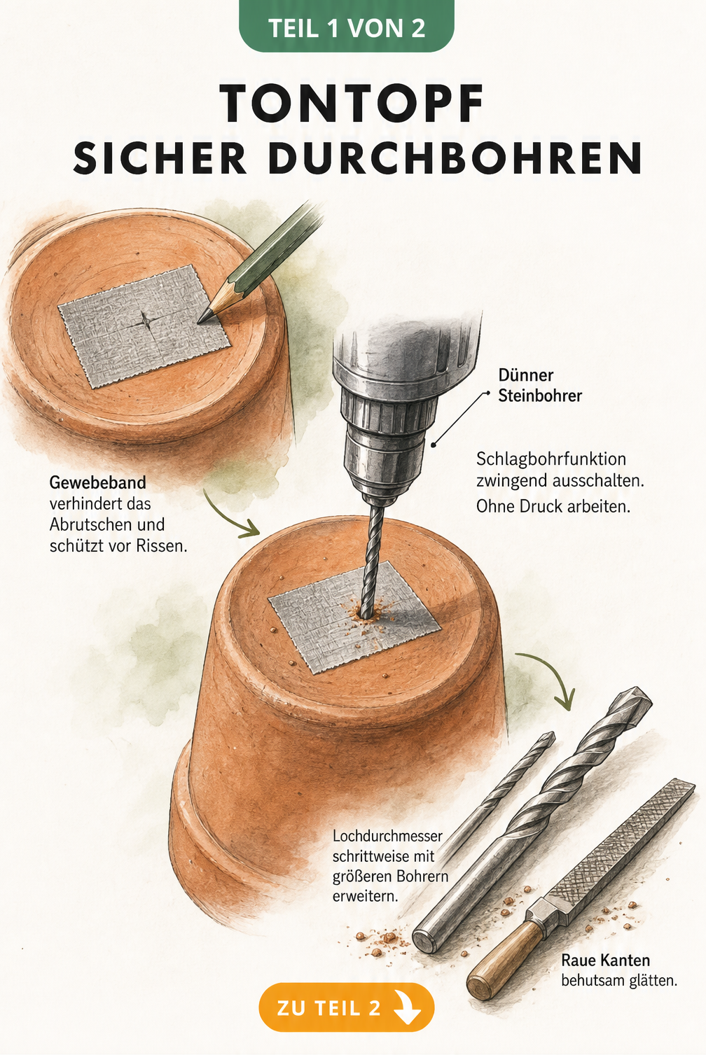 Illustration eines umgedrehten Tontopfs mit Gewebeband und Steinbohrer zum sicheren Durchbohren
