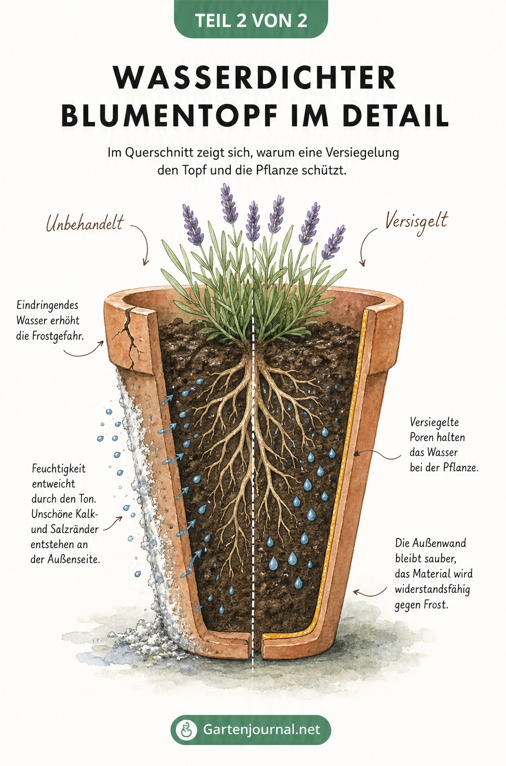 Querschnitt eines bepflanzten Tontopfs: Links unbehandelt mit austretendem Wasser und Kalkrändern, rechts versiegelt mit sauberer Außenwand.