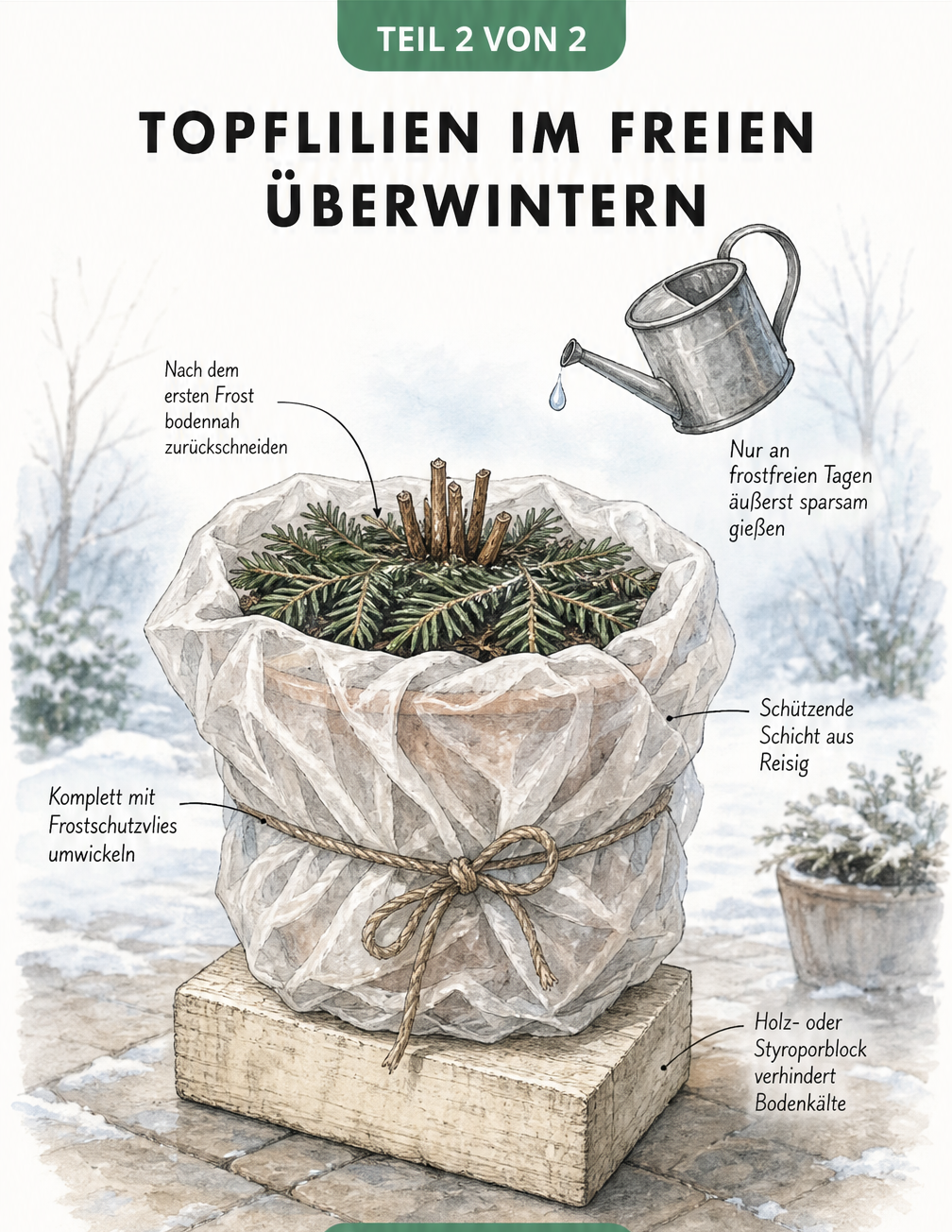 Zeichnung eines winterfest verpackten Lilientopfs auf einer Terrasse mit Frostschutzvlies und Reisig.