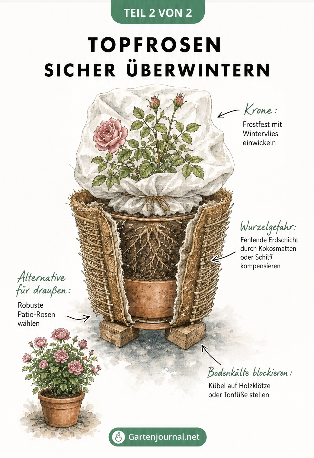 Illustration einer Topfrose im Kübel, die den Winterschutz mit isolierenden Schichten, Holzklötzen gegen Bodenkälte und Wintervlies für die Krone zeigt.