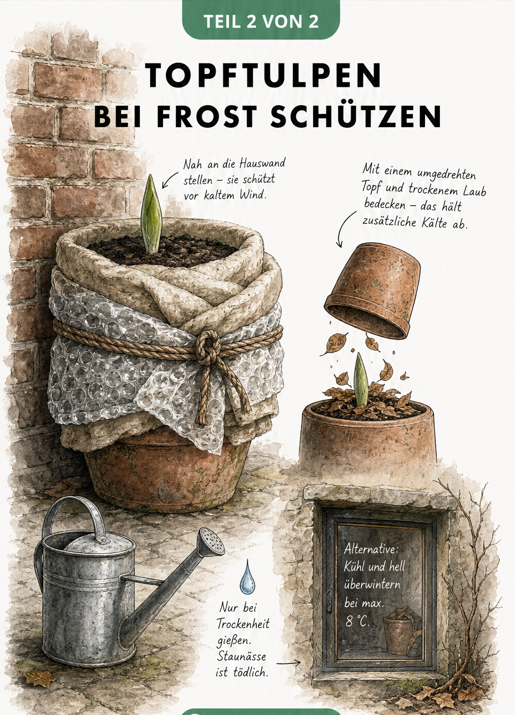Illustration eines Terrakottatopfs mit Tulpen, eingewickelt in Noppenfolie und Decken als Winterschutz