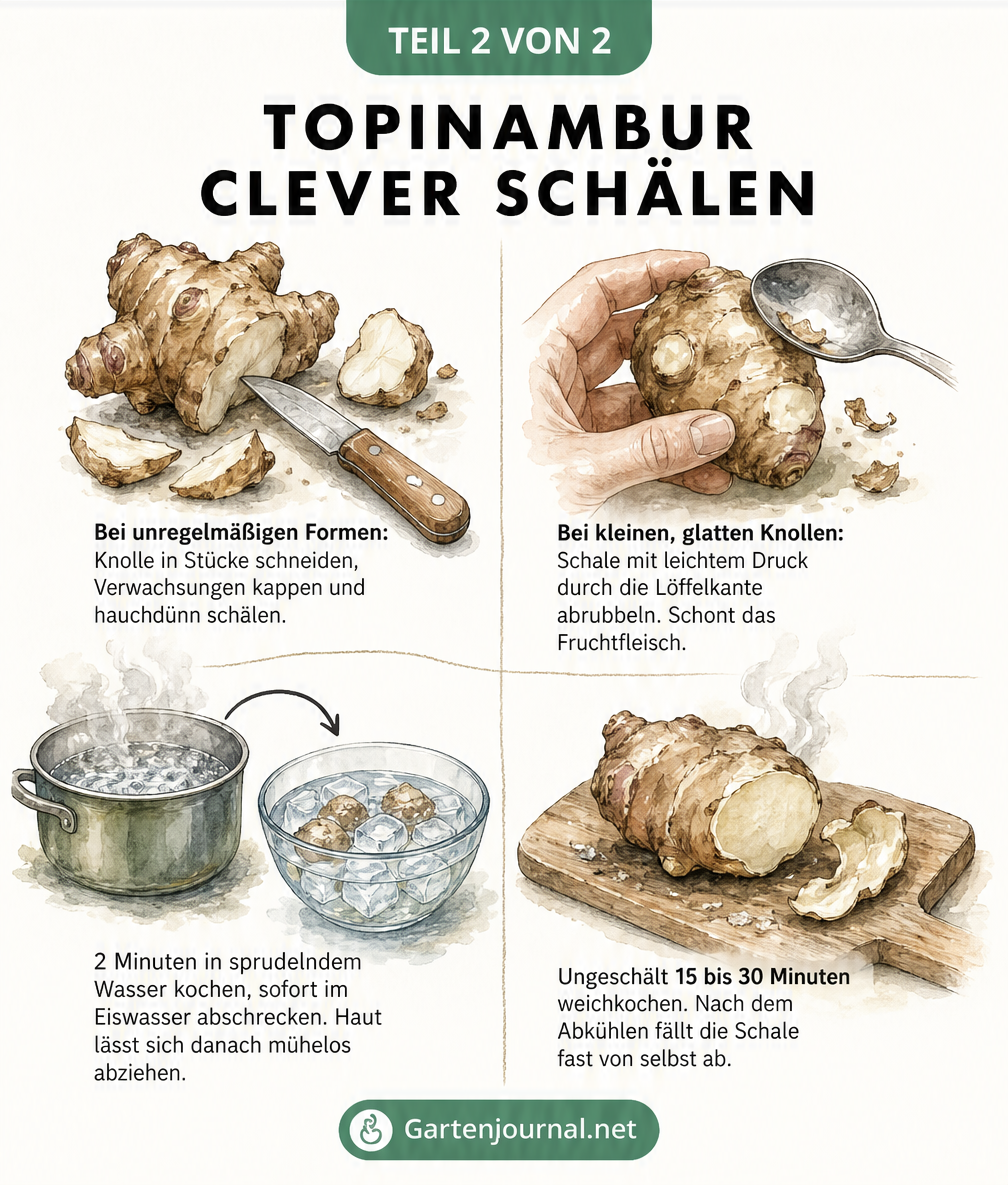 Viergeteilte Illustration mit Schältechniken für Topinambur: Messer für unregelmäßige Formen, Löffel für kleine Knollen, Blanchieren und Garen.