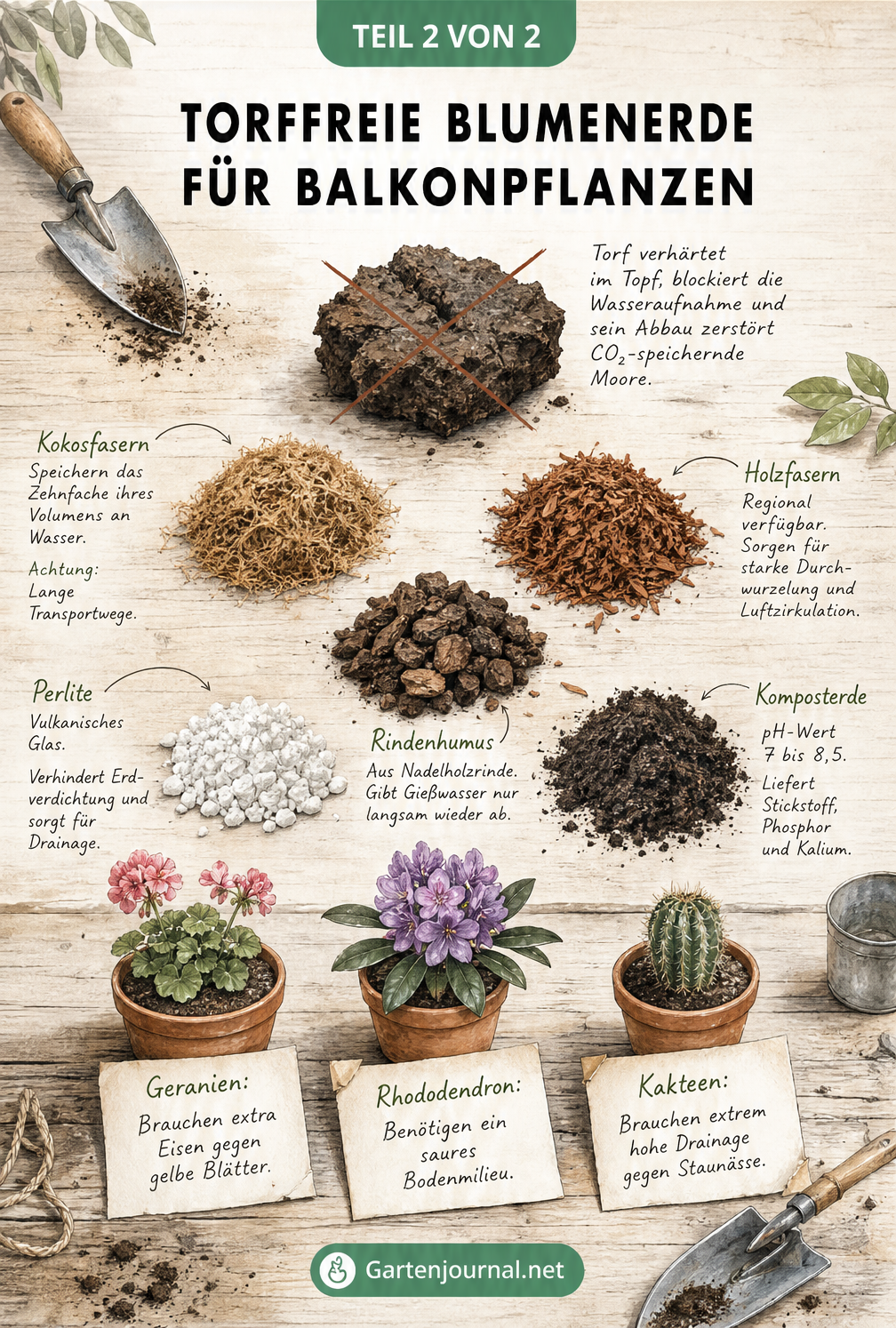 Verschiedene torffreie Erdzuschlagstoffe wie Kokosfasern, Holzfasern, Rindenhumus, Perlite und Komposterde auf einem Holztisch