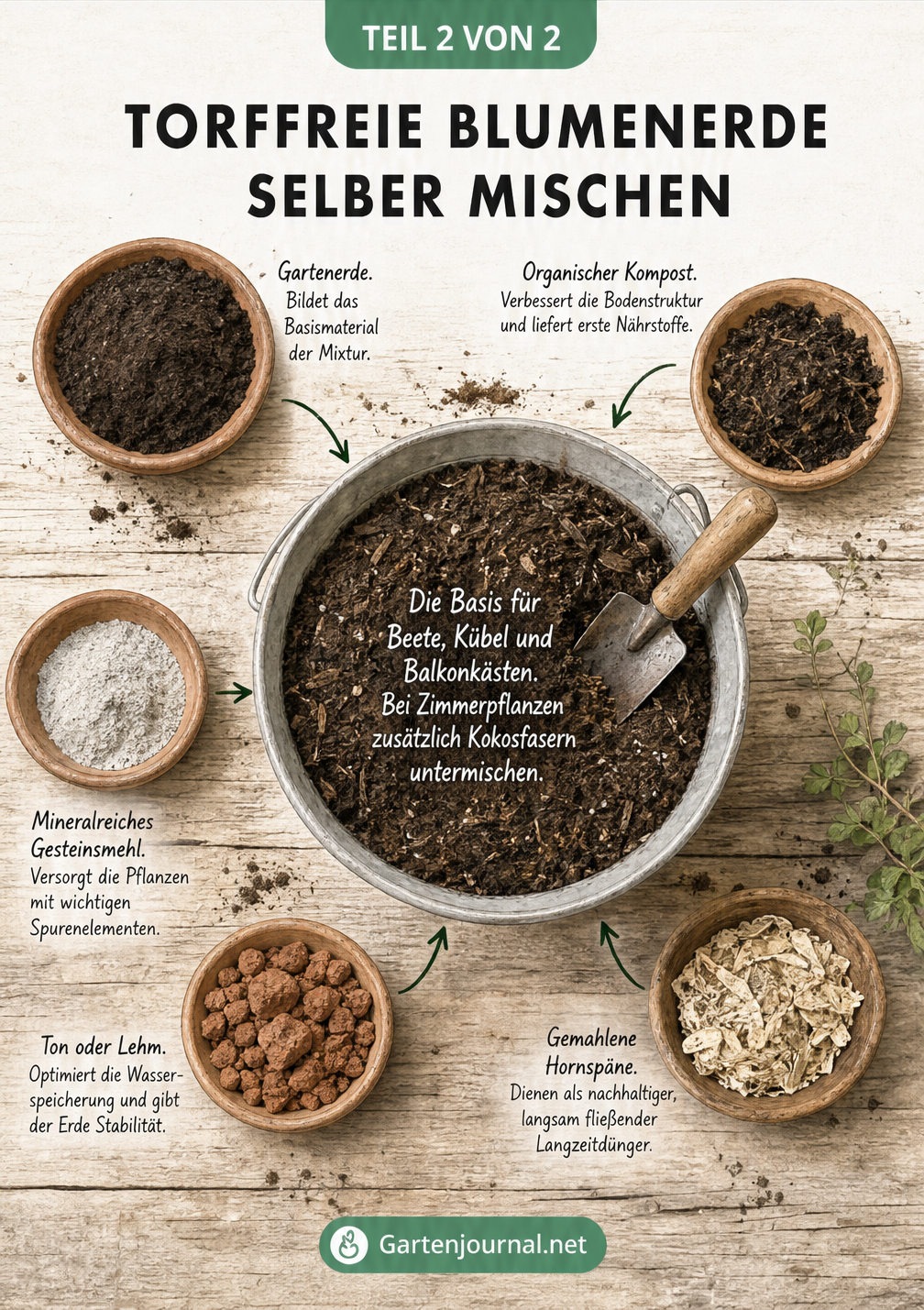 Skizze einer Pflanzwerkbank mit einem Zinkkübel voller Erde und Schälchen mit Gartenerde, Kompost, Gesteinsmehl, Ton und Hornspänen