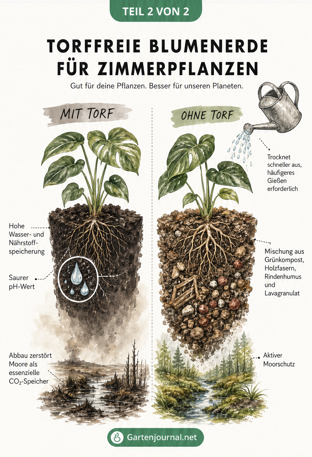 Vergleich von torfhaltiger und torffreier Blumenerde anhand zweier Erdschollen mit Zimmerpflanzen, die Wasserspeicherung und Moorschutz illustrieren.