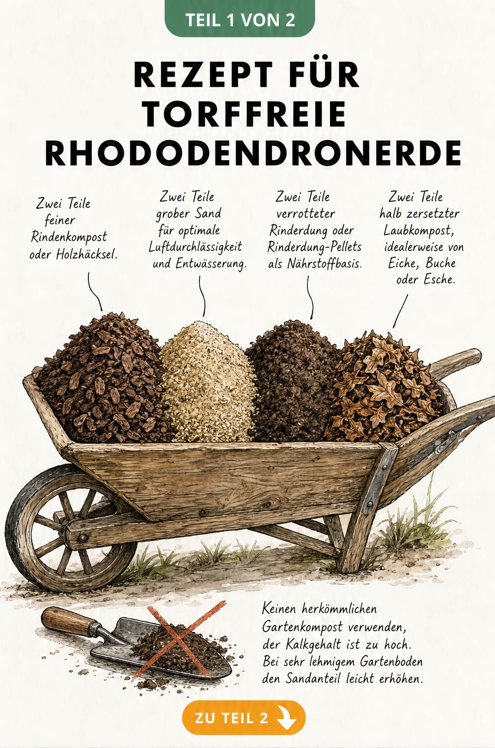 Illustration einer Schubkarre mit vier Erdhügeln: Rindenkompost, Sand, Rinderdung und Laubkompost für torffreie Rhododendronerde.