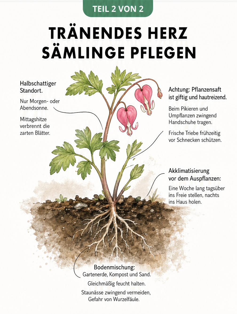 Botanische Illustration einer jungen Tränendes-Herz-Pflanze mit Pflegetipps zu Standort, Boden und Schutzmaßnahmen.