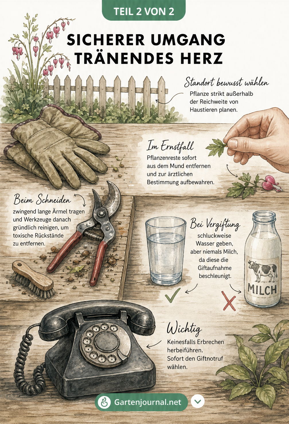 Illustration zum sicheren Umgang mit dem Tränenden Herz: Handschuhe tragen, Standort sichern und Erste-Hilfe-Maßnahmen bei Vergiftung
