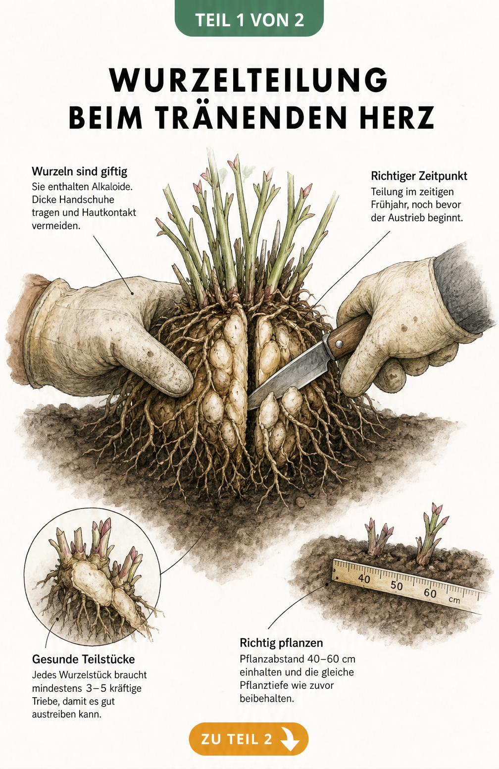 Illustration eines freigelegten Wurzelballens vom Tränenden Herz, der mit einem Gärtnermesser geteilt wird, inklusive Hinweisen zu Pflanzabstand und Giftigkeit.