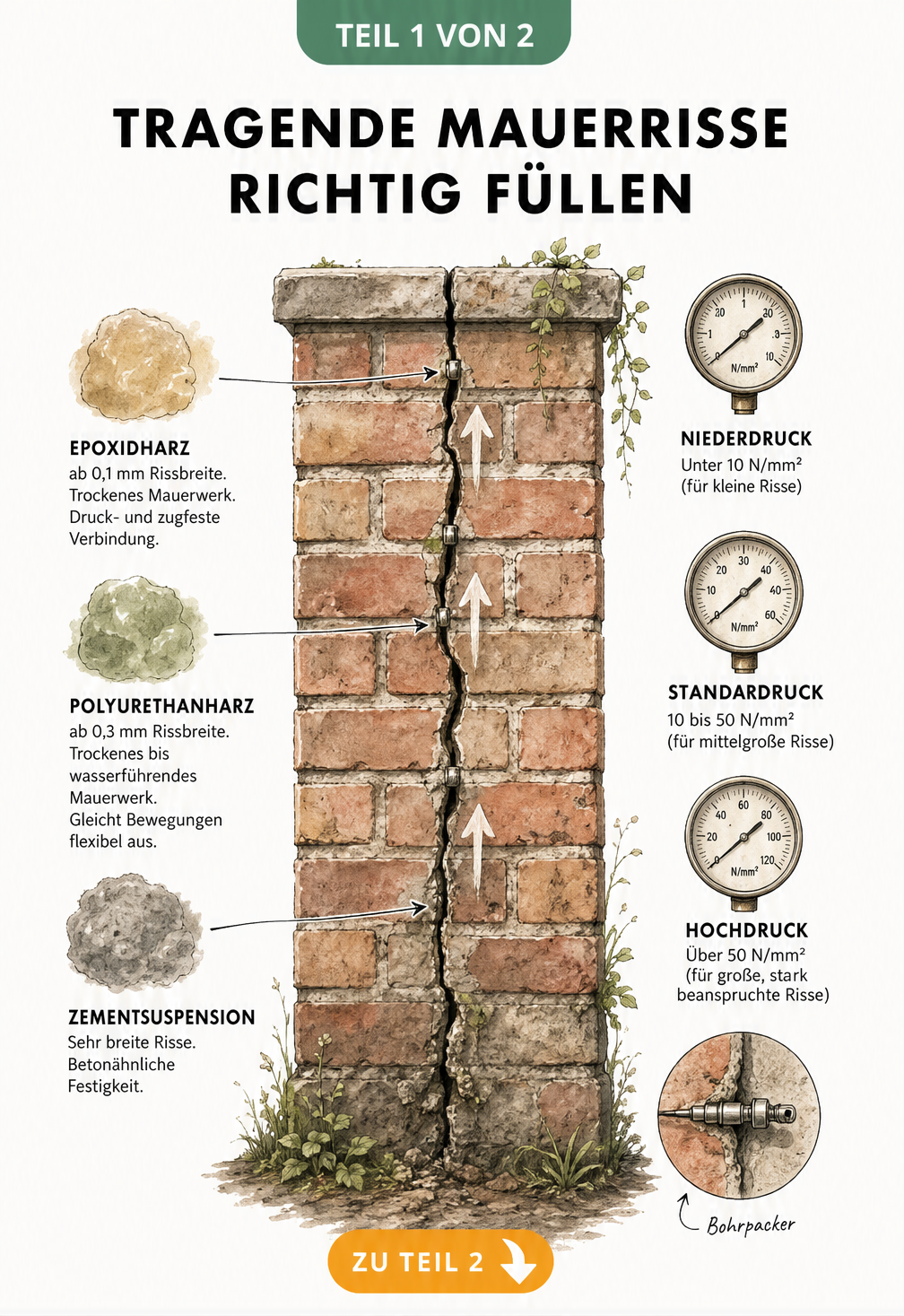 Schnittdarstellung einer Gartenmauer aus Backstein mit vertikalem Riss und Füllmaterialien wie Epoxidharz, Polyurethanharz und Zementsuspension