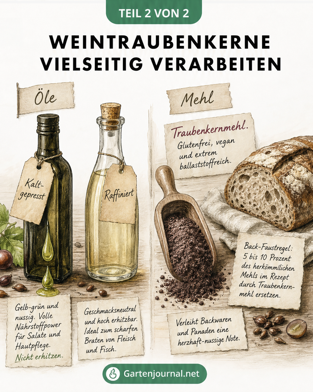 Küchenstillleben mit Traubenkernöl in Flaschen und Traubenkernmehl auf einer Holzschaufel neben Brot