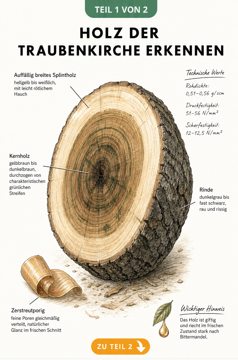 Illustration eines angeschnittenen Baumstamms der Traubenkirsche mit Details zu Splintholz, Kernholz und technischen Werten