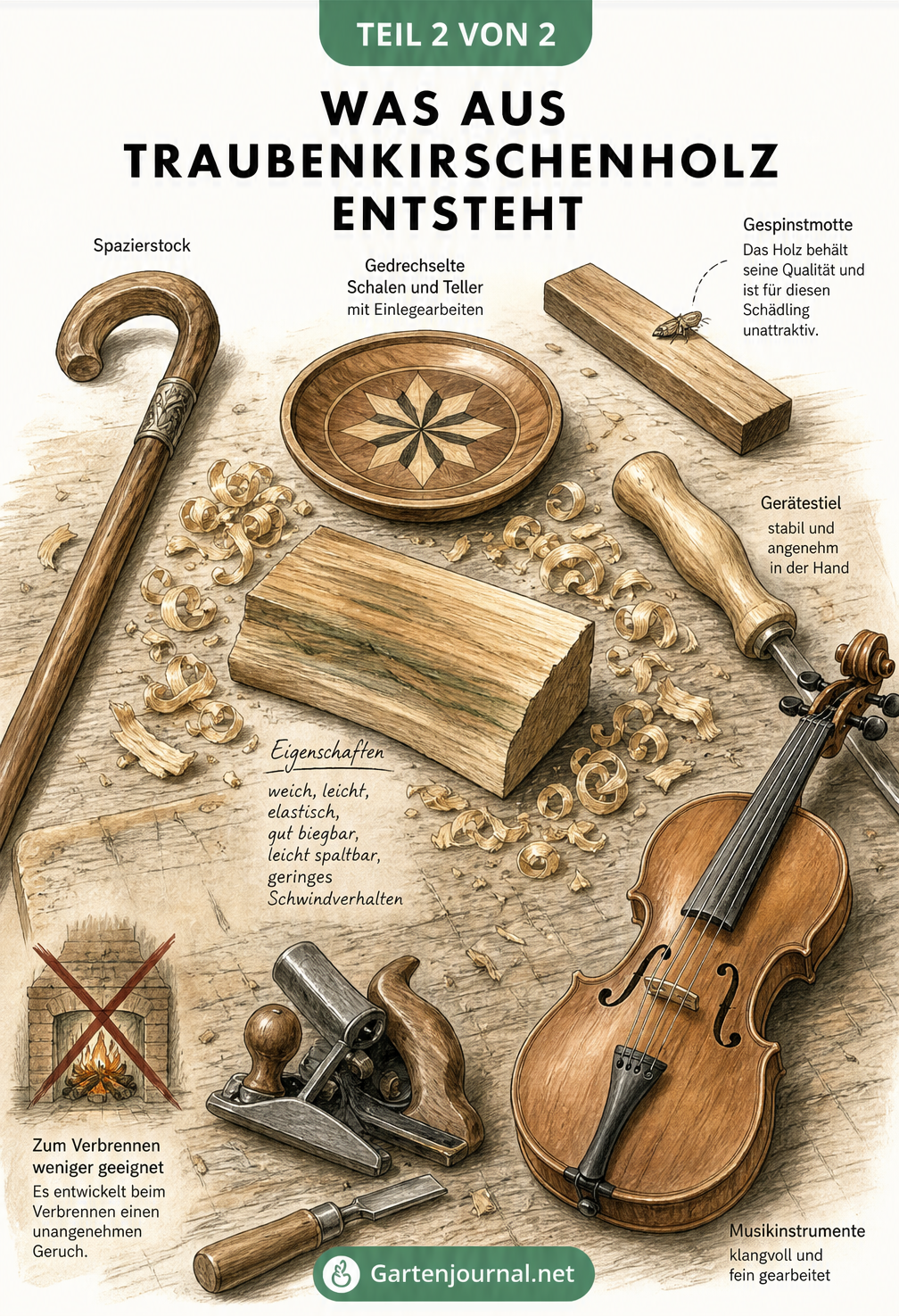 Illustration einer alten Werkbank mit Spazierstock, Holzteller, Gerätestiel und Musikinstrument aus Traubenkirschenholz