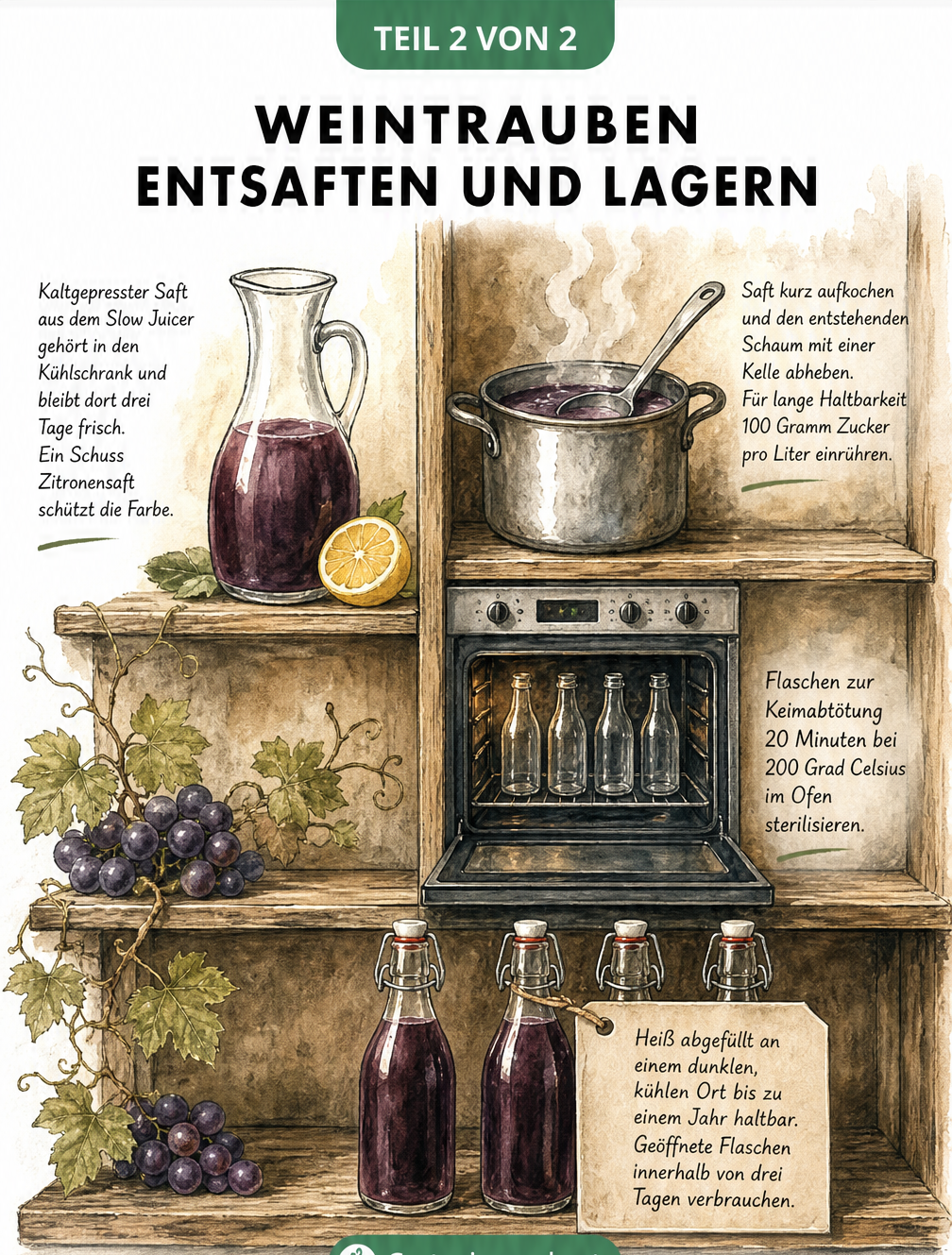 Illustration zur Haltbarmachung von Traubensaft durch Aufkochen und Abfüllen in sterilisierte Flaschen