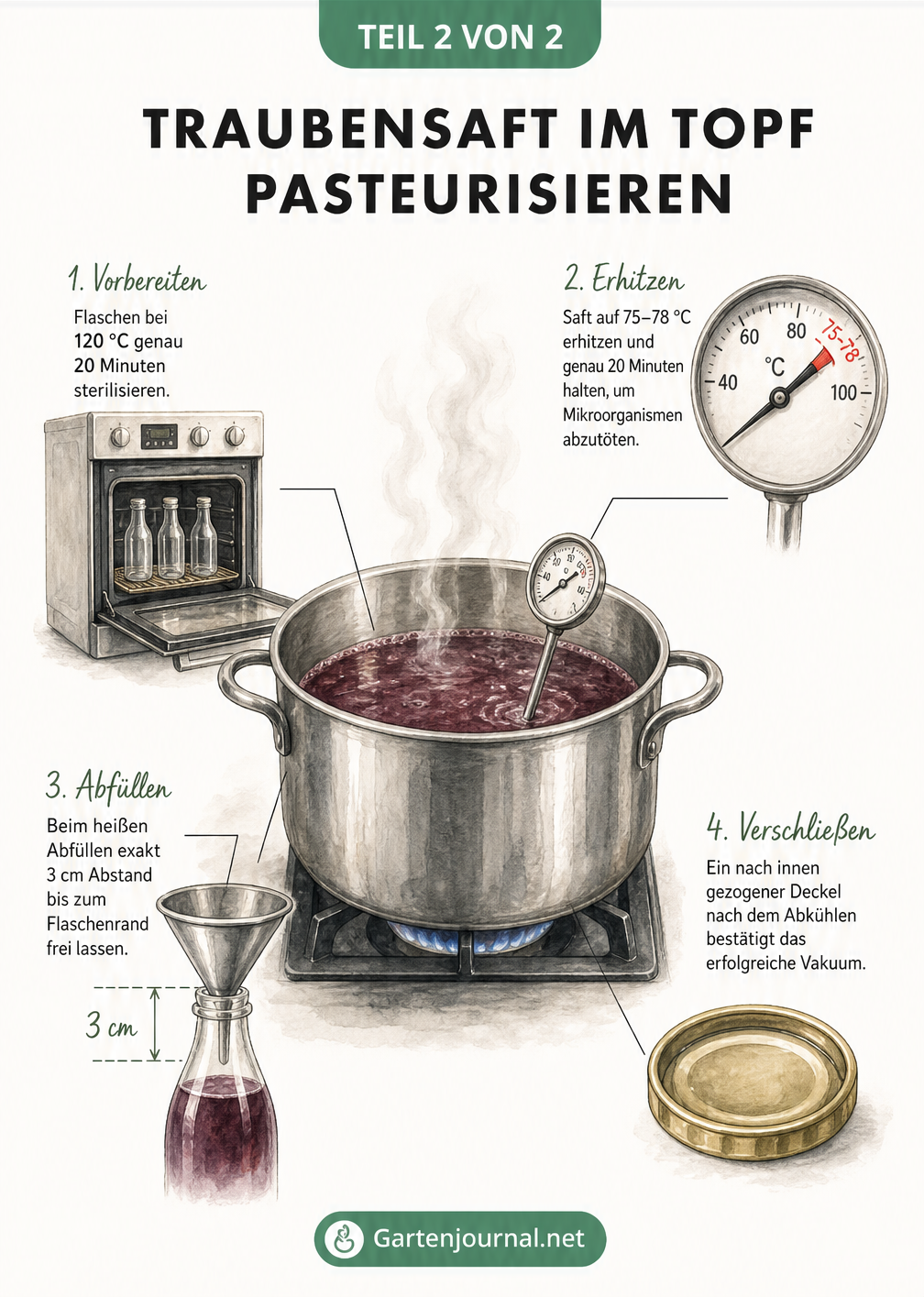 Detailzeichnung zum Pasteurisieren von Traubensaft im Topf mit Thermometer, Sterilisieren im Backofen und Abfüllen in Flaschen.