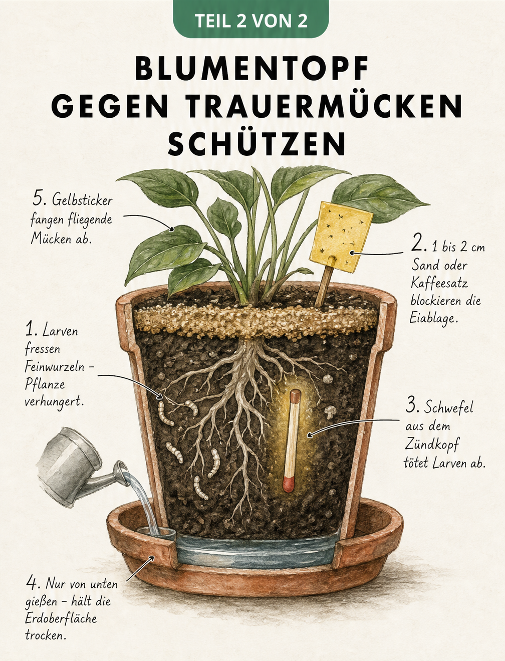 Querschnitt eines Blumentopfs zeigt Trauermückenlarven an Wurzeln und Abwehrmaßnahmen wie Sand und Gelbsticker