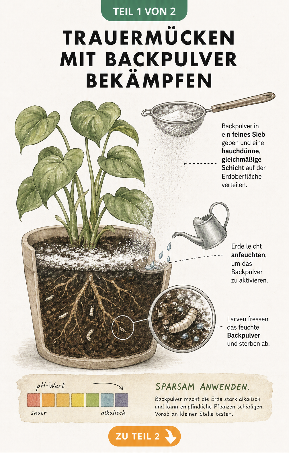 Illustration eines Blumentopfs im Querschnitt, bei dem Backpulver auf die Erde gesiebt und leicht angefeuchtet wird, um Trauermückenlarven zu bekämpfen.