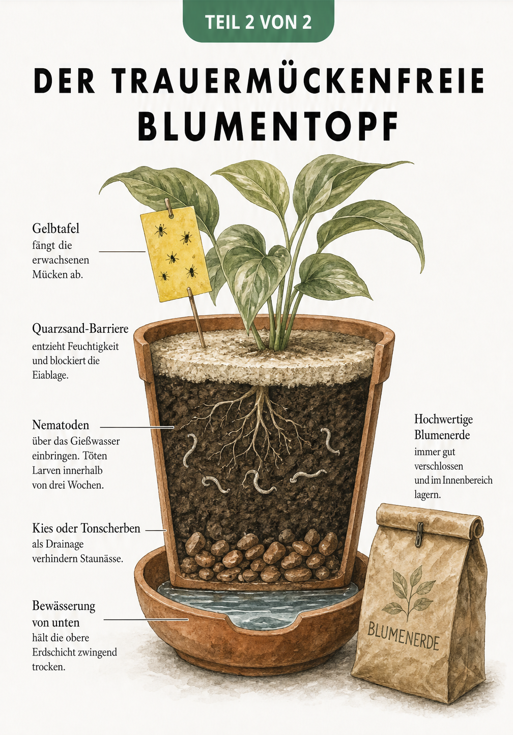 Querschnitt eines Blumentopfs mit Quarzsand, Nematoden, Drainage und Gelbtafel gegen Trauermücken