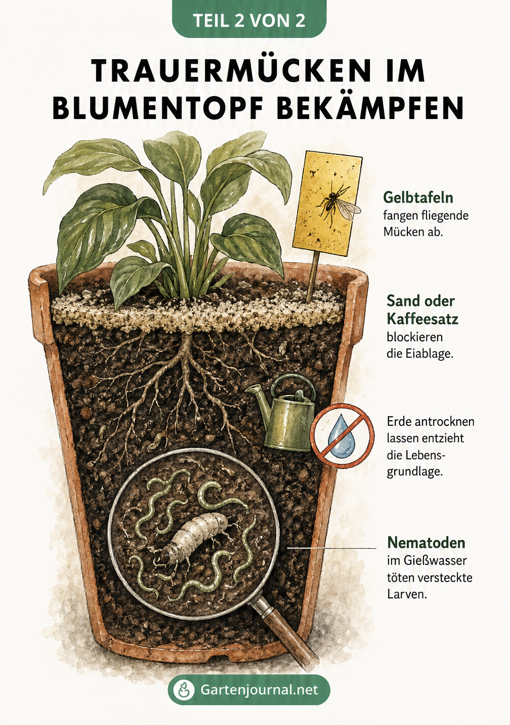Querschnitt eines Blumentopfs mit Maßnahmen gegen Trauermücken: Gelbtafeln fangen fliegende Mücken, Sand blockiert die Eiablage, trockene Erde entzieht die...