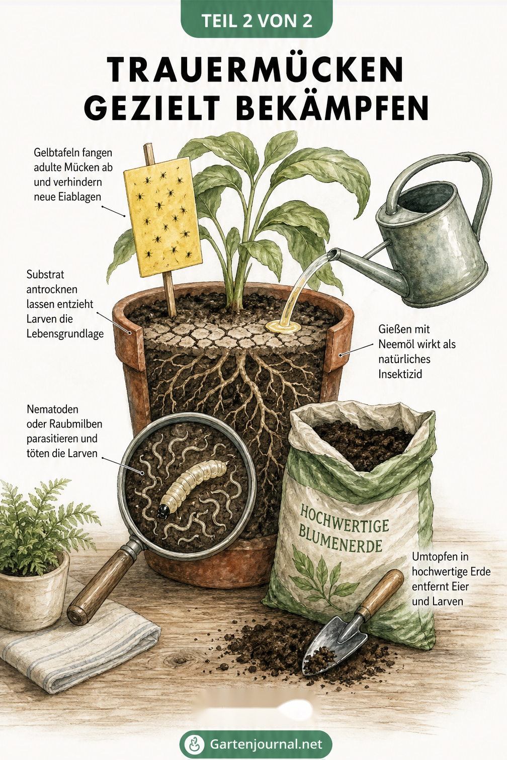 Illustration zur Bekämpfung von Trauermücken mit Gelbtafeln, Neemöl, Nematoden und frischer Erde