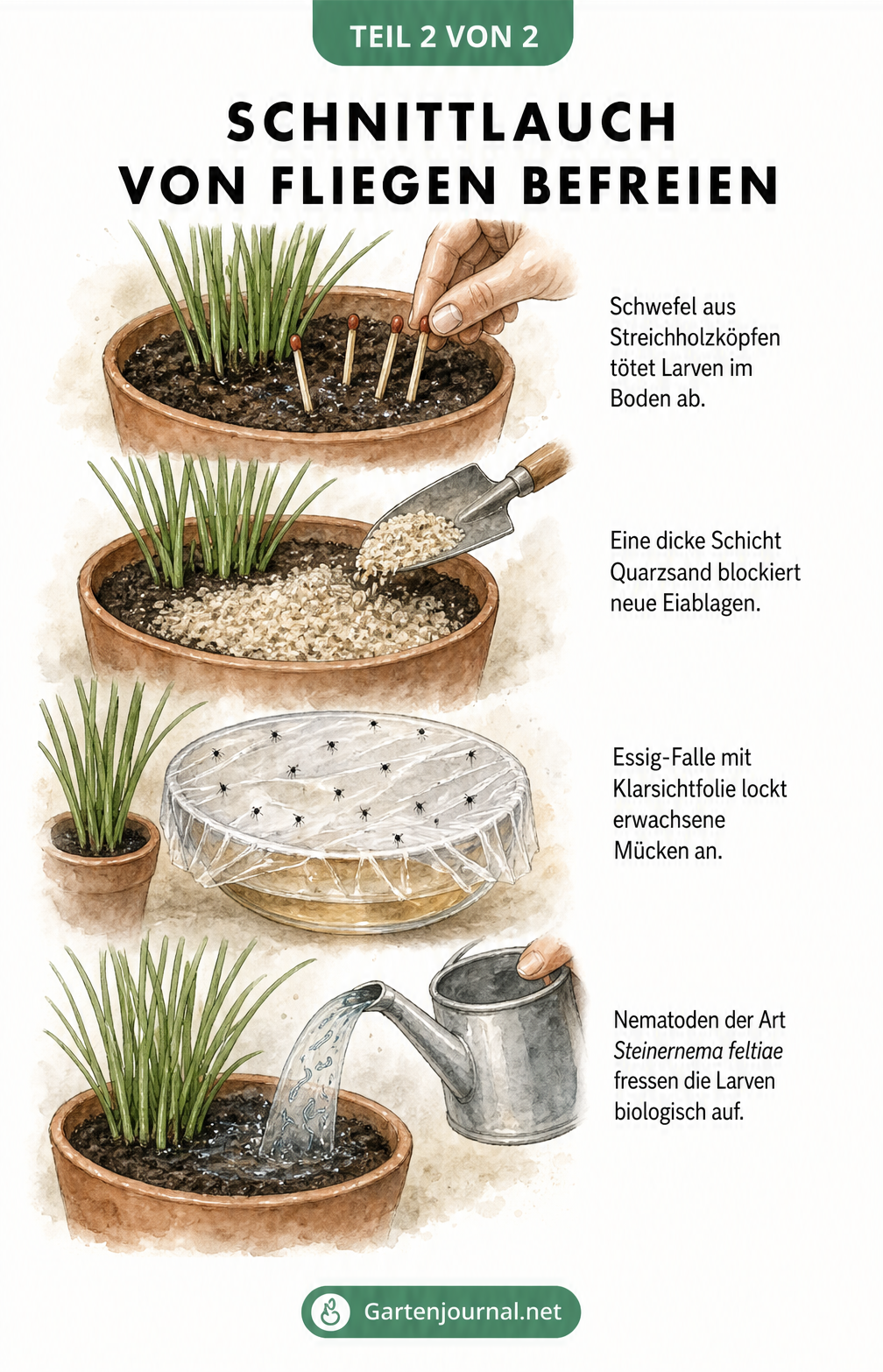 Vier Illustrationen zur Bekämpfung von Trauermücken: Streichhölzer, Quarzsand, Essig-Falle und Nematoden.