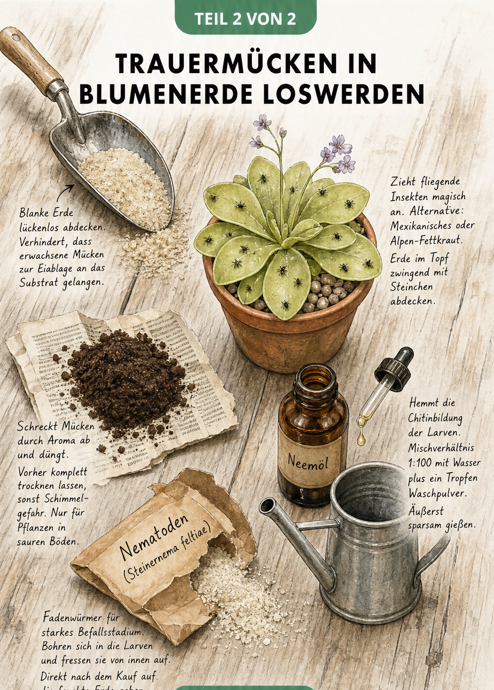 Illustration eines Gärtnertisches mit Hausmitteln gegen Trauermücken wie Fettkraut, Kaffeesatz, Neemöl und Nematoden