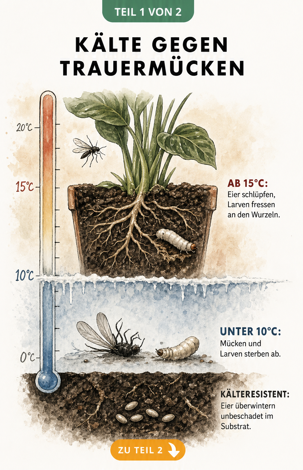 Illustration der Wirkung von Kälte auf Trauermücken: Ab 15 Grad schlüpfen Eier und Larven fressen, unter 10 Grad sterben Mücken und Larven, während Eier...