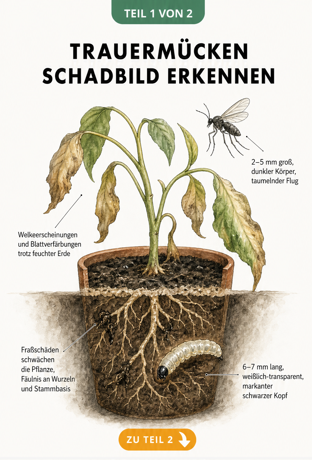 Illustration einer Topfpflanze mit Trauermücke und Larve an den Wurzeln, die das Schadbild zeigt