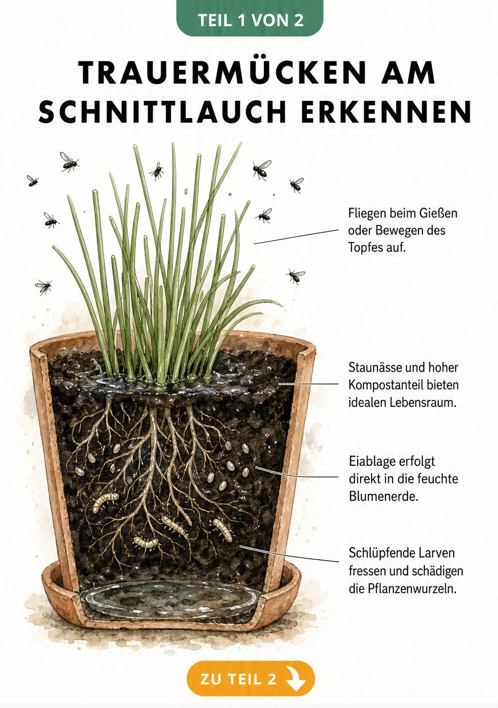Illustration eines Schnittlauchs im Querschnitt, die Trauermücken, Eier und Larven in der feuchten Erde zeigt.