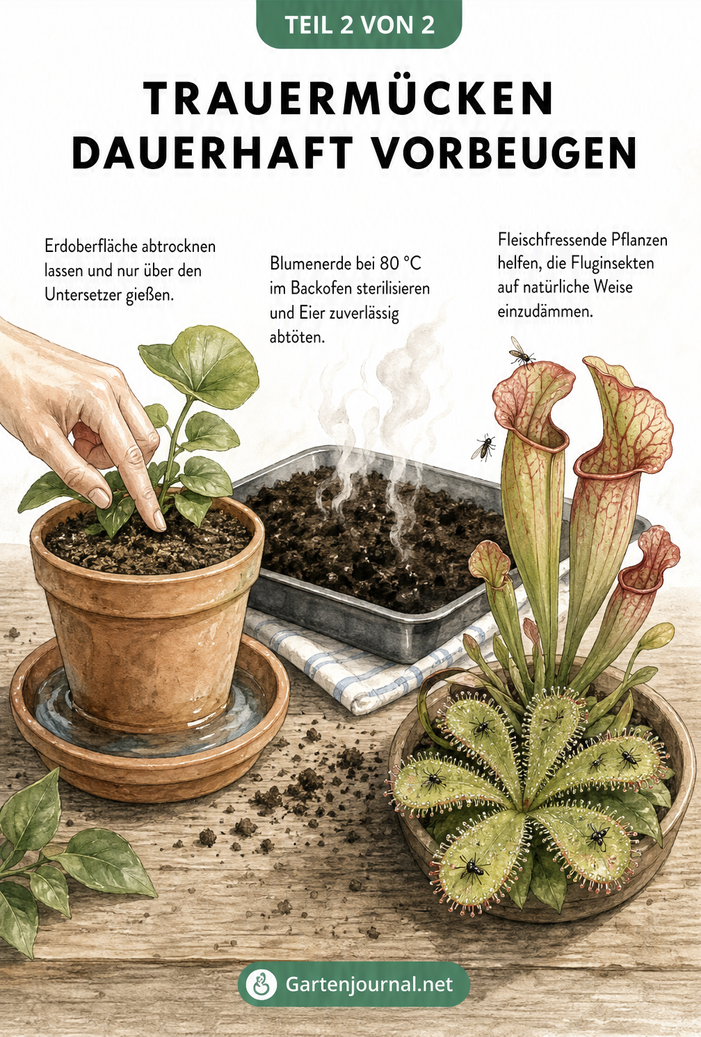 Pflanztisch mit trockenem Blumentopf, sterilisierter Erde im Backofen und einer fleischfressenden Pflanze