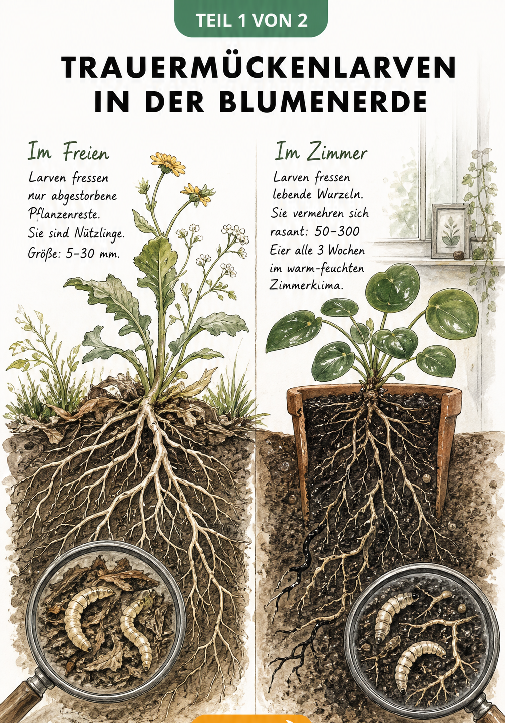 Querschnitt eines Blumentopfs zeigt Trauermückenlarven im Freiland als Nützlinge und im Wohnraum als Schädlinge an den Wurzeln.