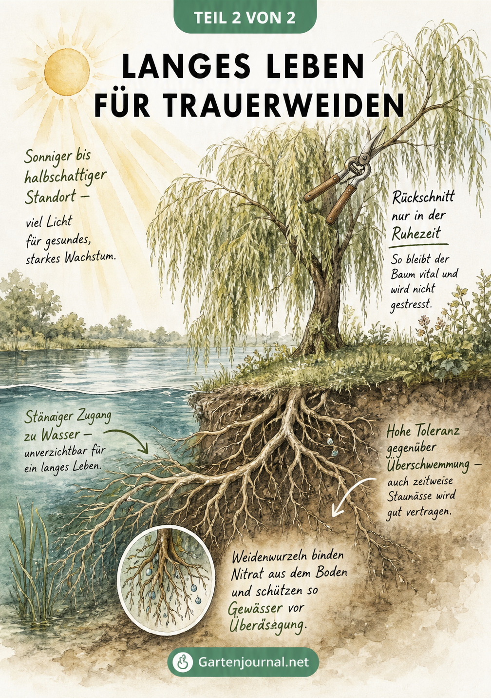 Aquarell-Landschaftsschnitt einer Trauerweide mit Wurzeln im Wasser und Sonne in der Krone