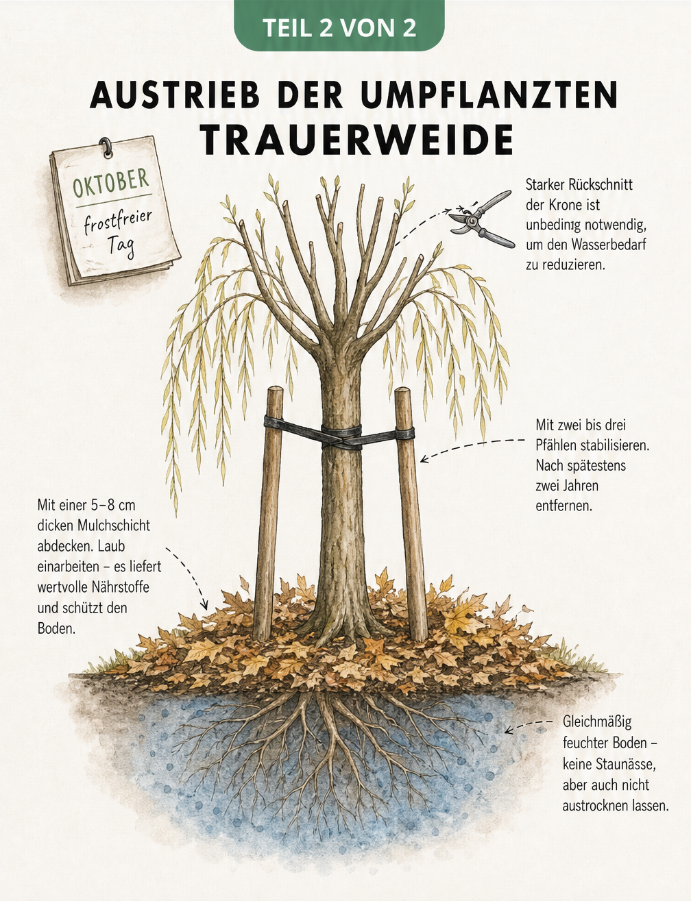 Illustration einer frisch umgepflanzten Trauerweide im Herbst mit Rückschnitt, Stützpfählen und Mulchschicht
