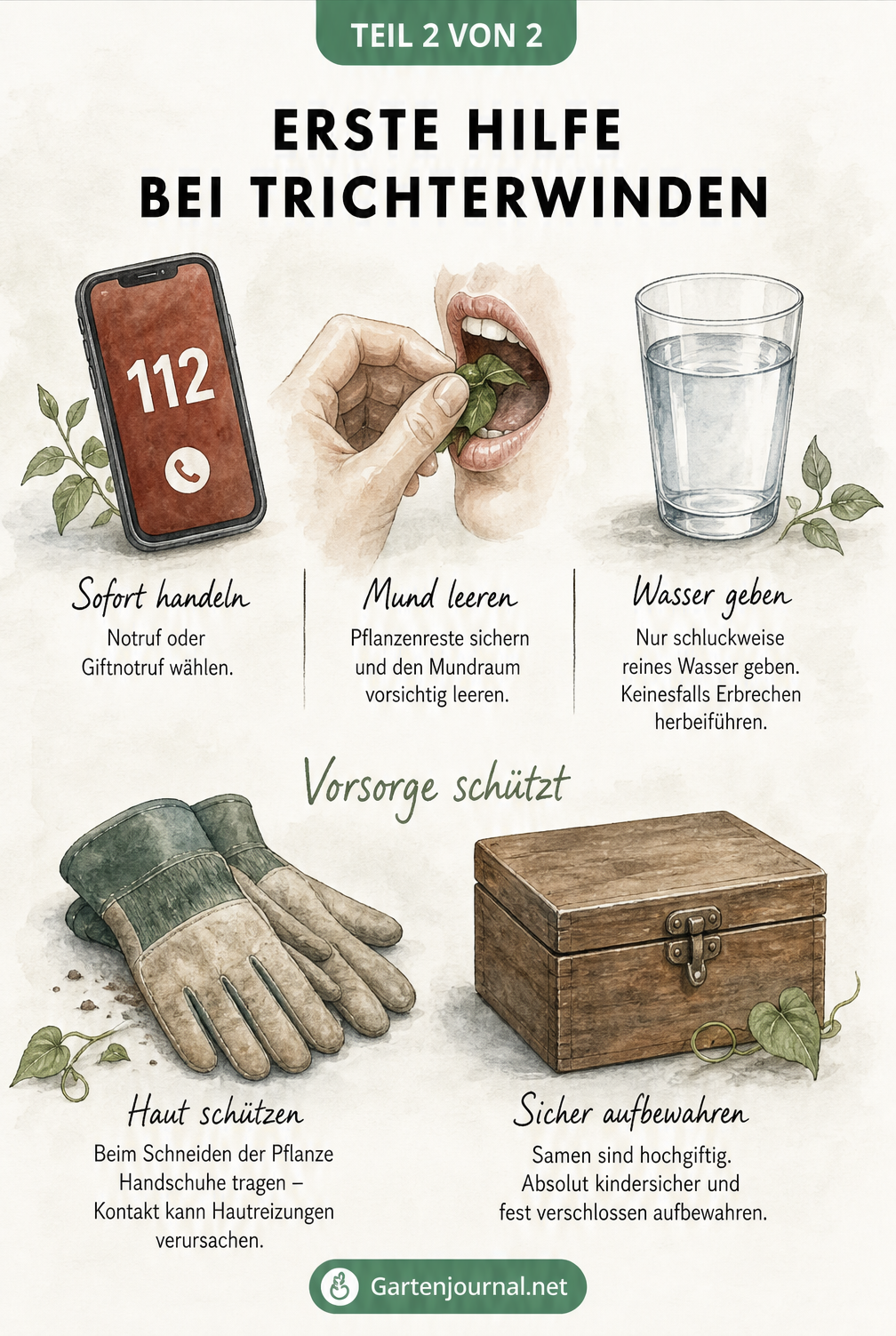 Illustration zur Ersten Hilfe bei Trichterwinden-Vergiftung: Notruf wählen, Mund leeren, Wasser trinken sowie Prävention durch Handschuhe und sichere...