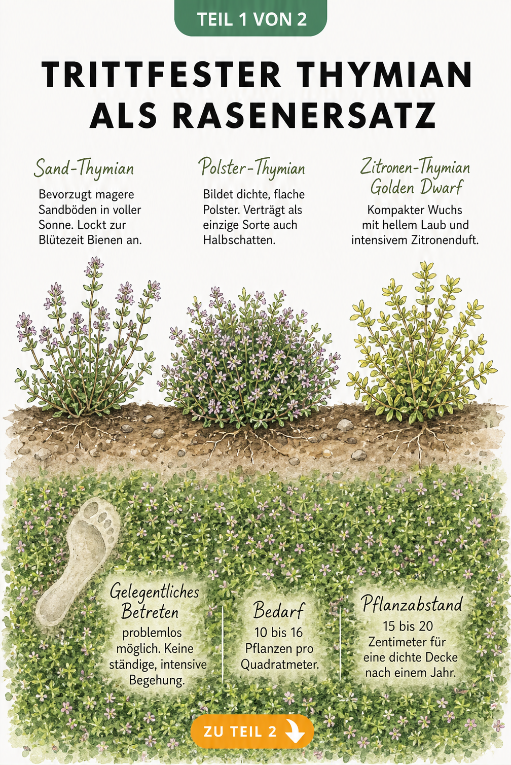 Illustration von drei trittfesten Thymian-Arten: Sand-Thymian, Polster-Thymian und Zitronen-Thymian Golden Dwarf sowie eine Thymian-Rasenfläche von oben.