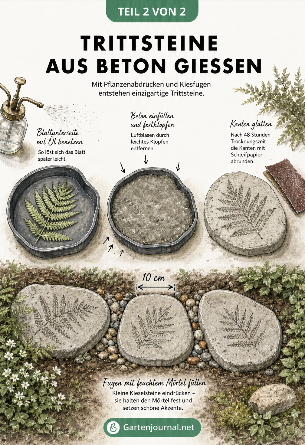 Illustration von Pflanzschalen als Gussformen für Trittsteine aus Beton mit Farnblatt und verlegten Steinen im Garten