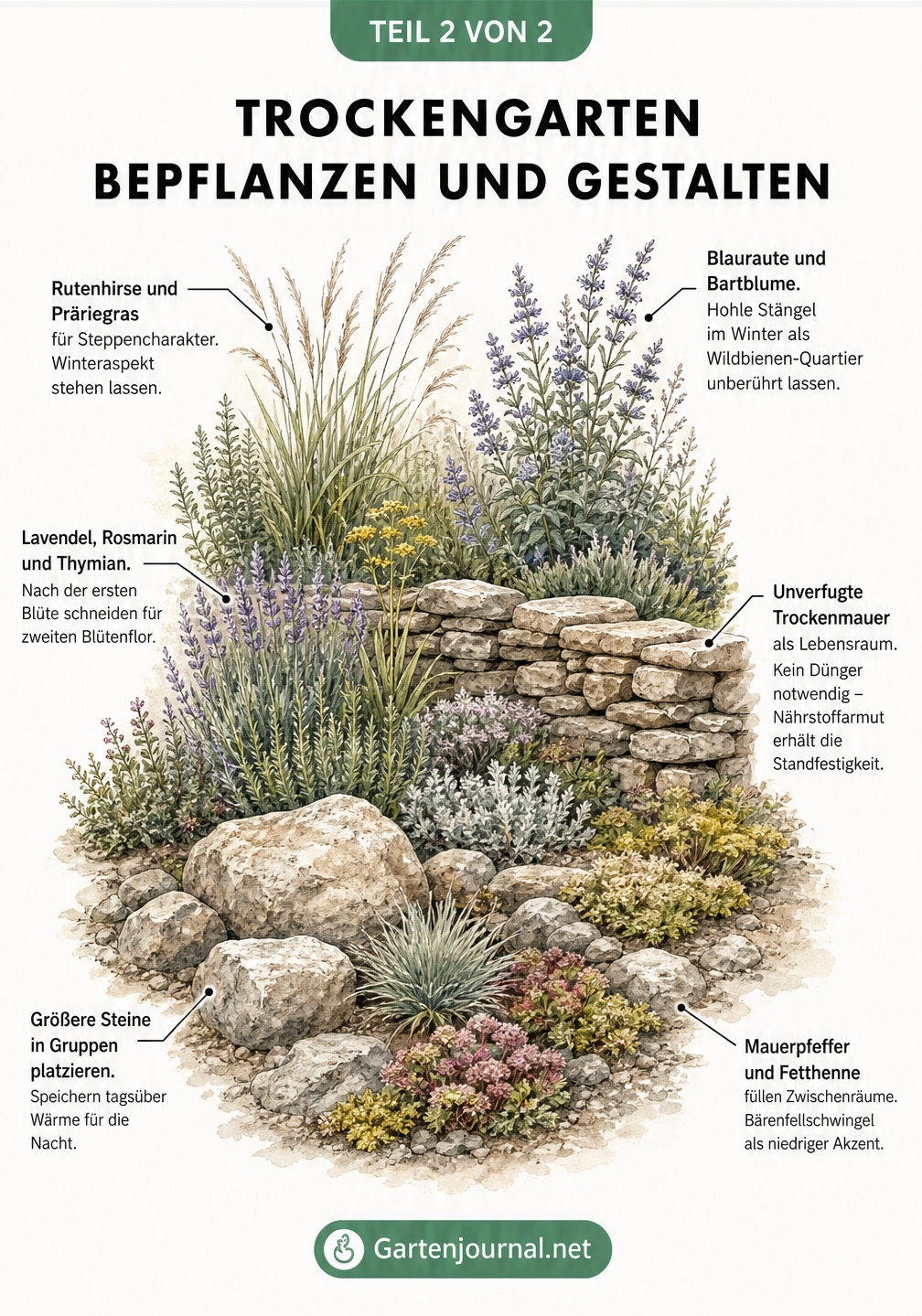 Gartenlandschaft mit trockenheitsresistenten Pflanzen in verschiedenen Höhenstufen