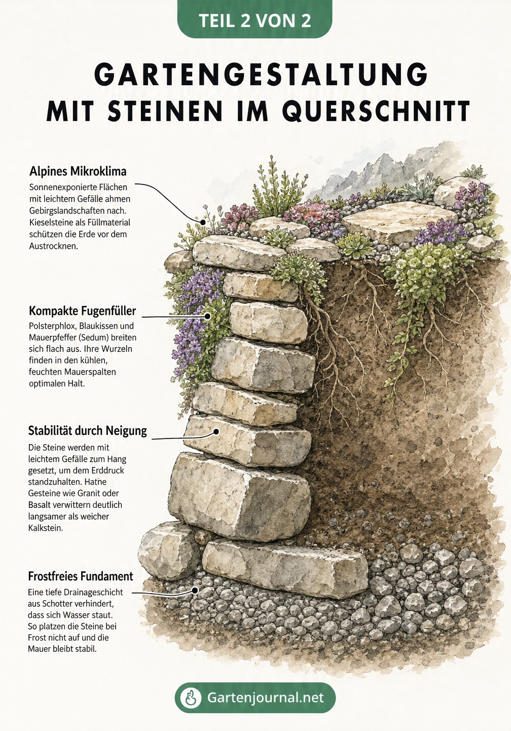 Querschnitt-Illustration einer Trockenmauer und eines Alpinums mit frostfreiem Fundament, geneigtem Mauerwerk und Fugenbepflanzung