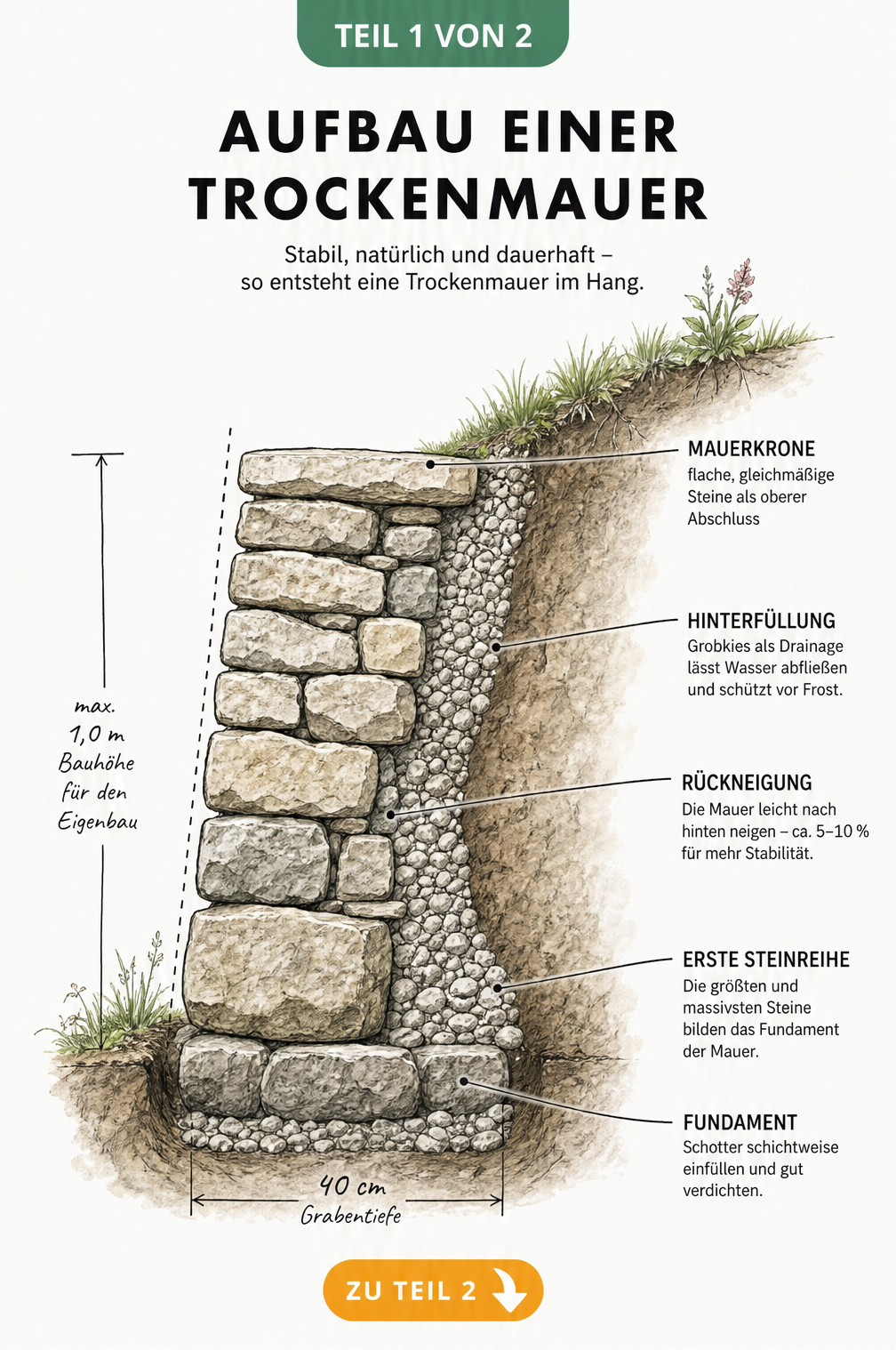 Querschnitt einer Trockenmauer am Hang mit Fundament, Drainage und Mauerkrone