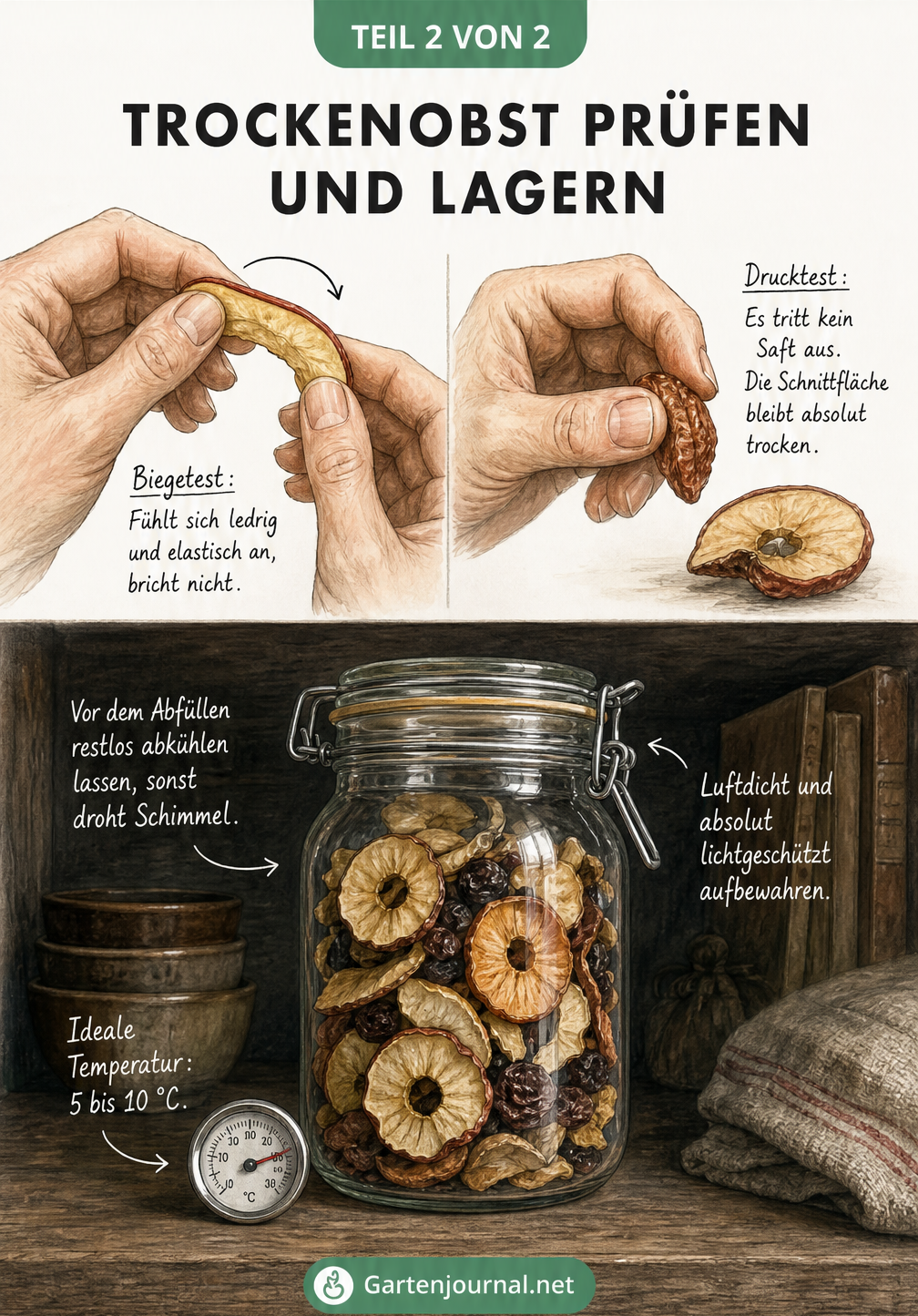 Illustration von Händen, die Trockenobst auf Elastizität und Feuchtigkeit prüfen, sowie ein Vorratsglas in einem kühlen Regal.