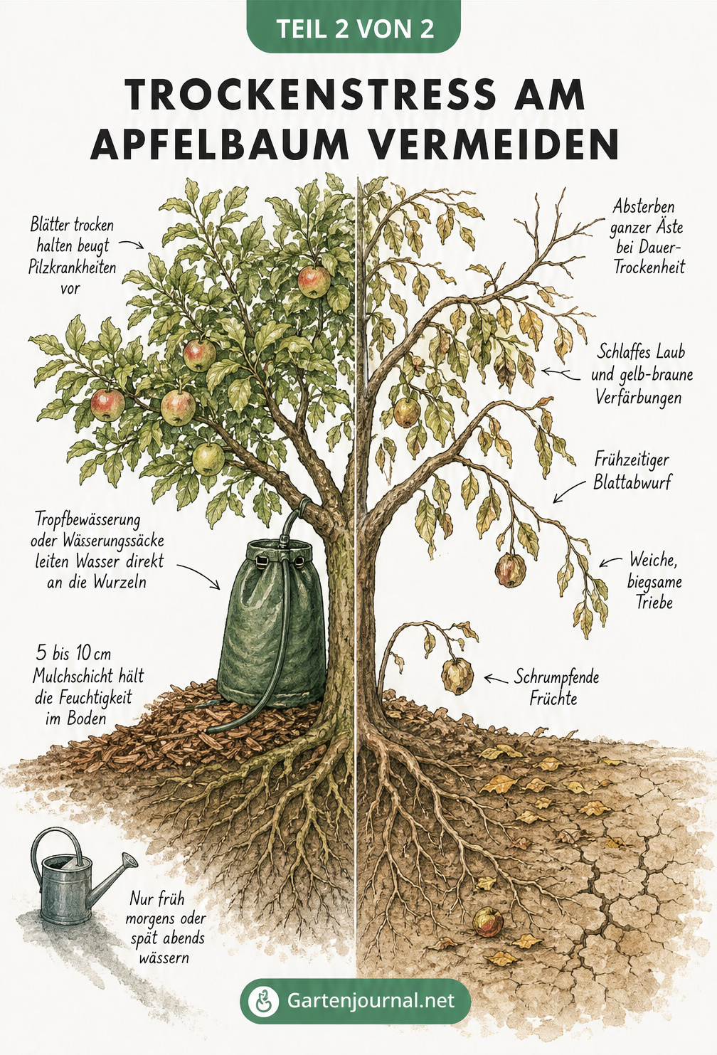 Gegenüberstellung eines gesunden Apfelbaums mit Mulchschicht und eines Baums mit Trockenstress