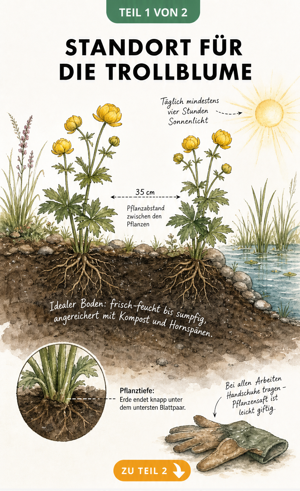 Botanische Querschnitt-Illustration einer Trollblume im Gartenbeet mit Wasserzone, die Pflanzabstand, Pflanztiefe und Bodenbeschaffenheit zeigt.
