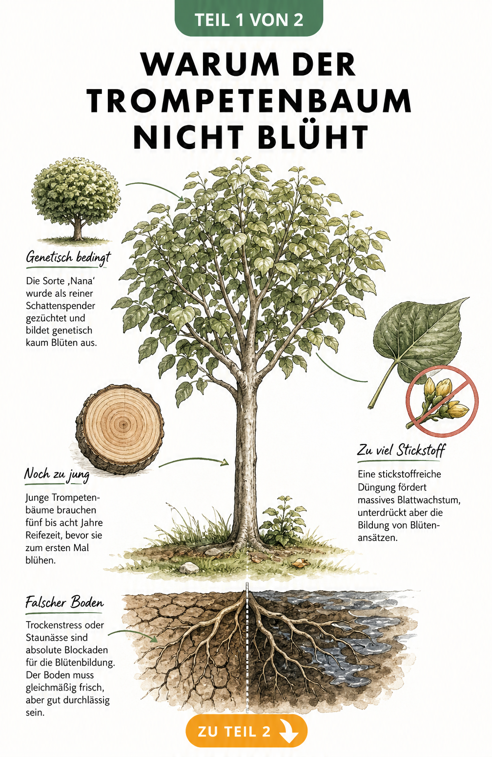 Botanische Illustration eines Trompetenbaums, die Ursachen für fehlende Blüten wie Sorte 'Nana', junges Alter, Trockenstress, Staunässe und zu viel Stickstoff...