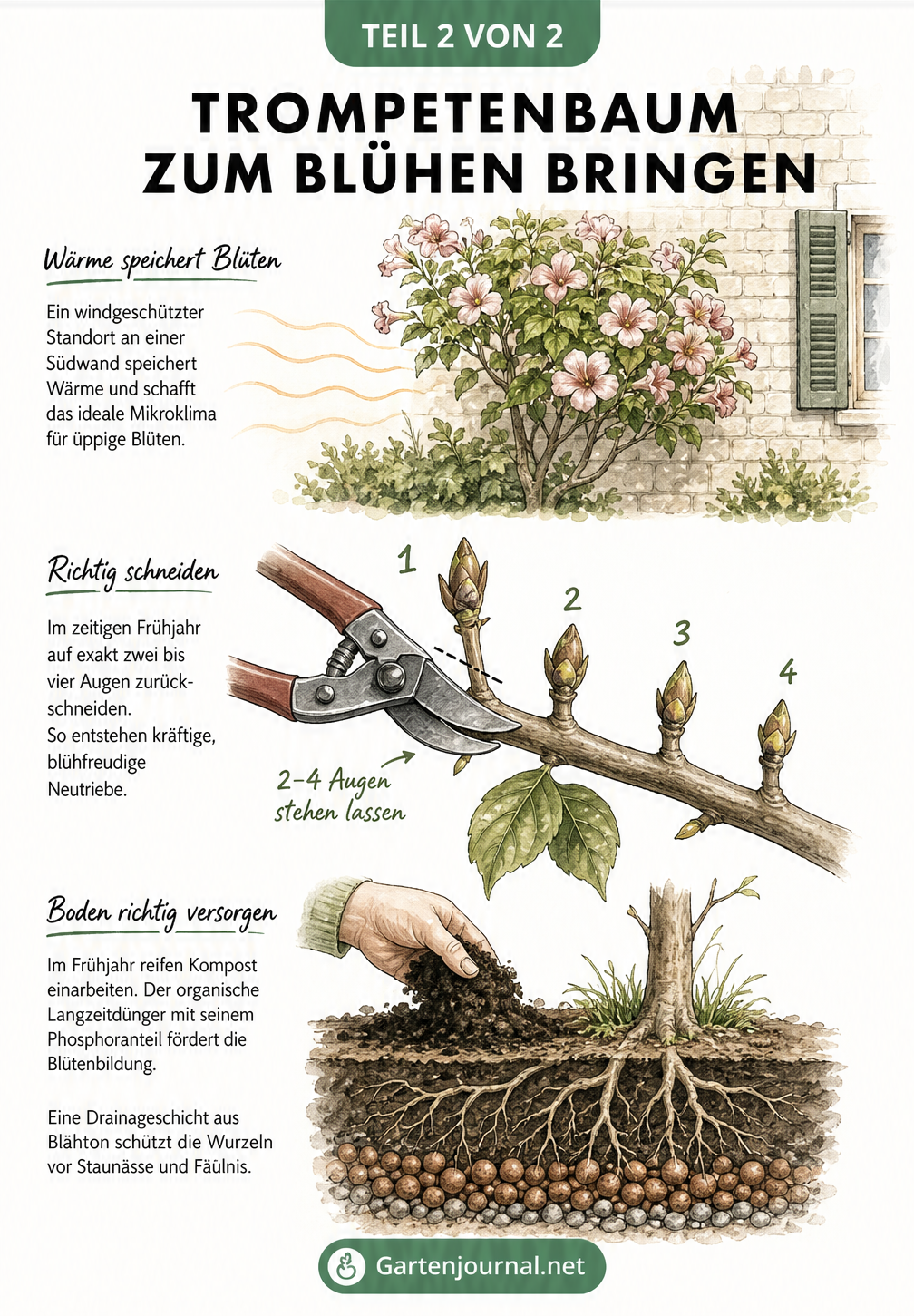 Illustration eines blühenden Trompetenbaum-Astes mit Tipps zur Förderung der Blüte: warmer Standort an einer Südwand, Rückschnitt im Frühjahr und Kompost mit...