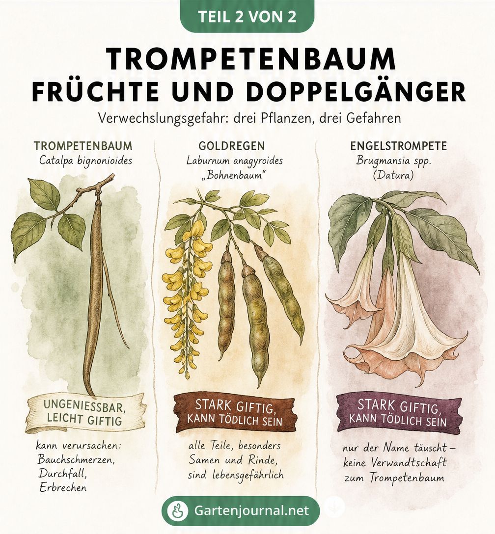 Gegenüberstellung der Früchte von Trompetenbaum, Goldregen und Engelstrompete mit Hinweisen zur Giftigkeit