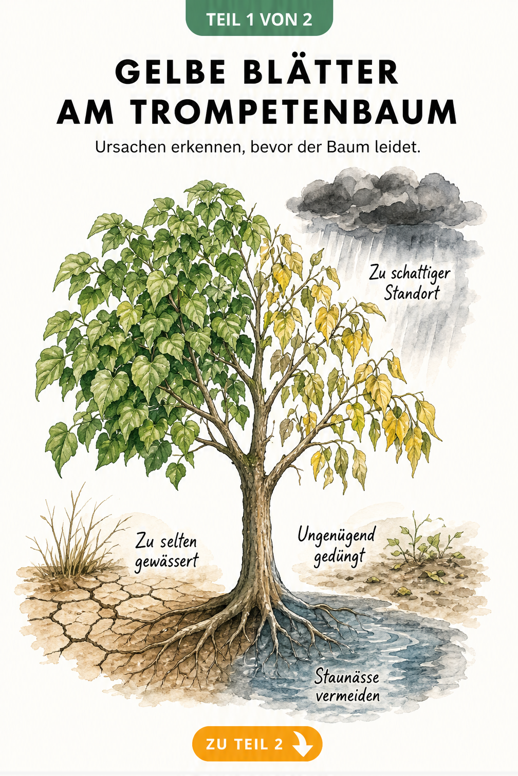 Illustration eines Trompetenbaums mit gelben Blättern und den Ursachen wie Trockenheit, Staunässe, Schatten und Nährstoffmangel