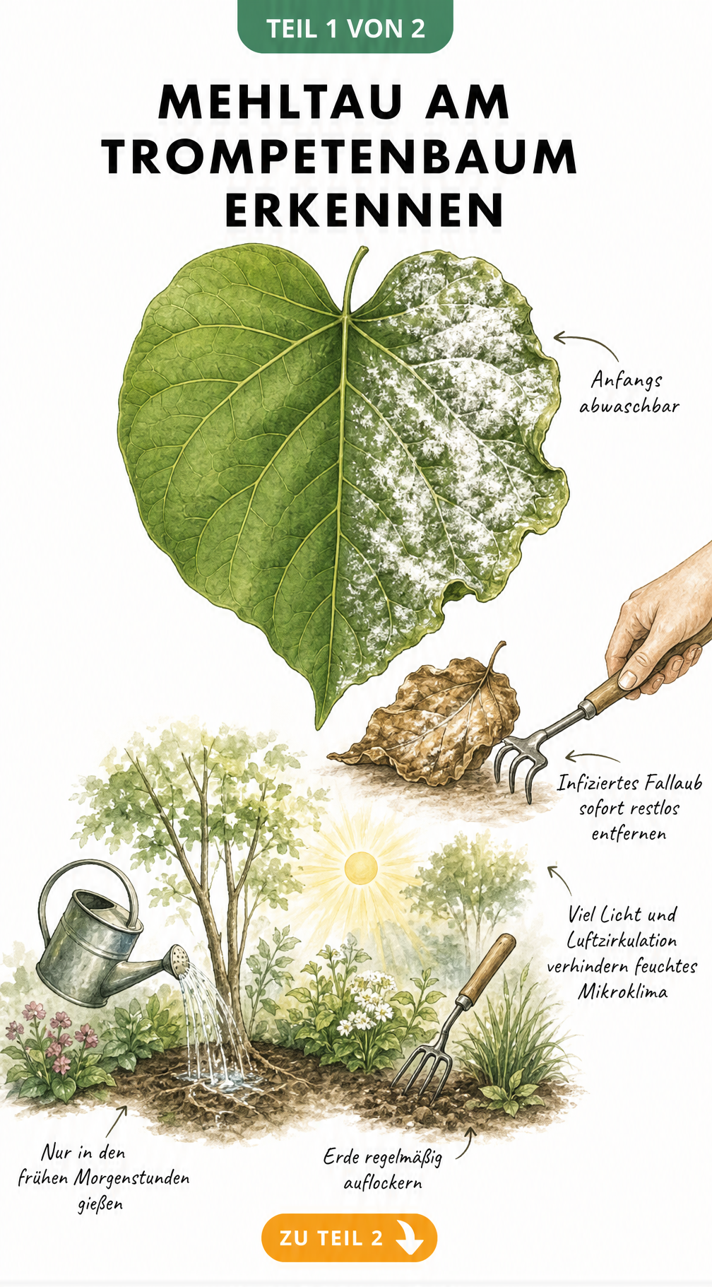 Illustration eines Trompetenbaumblattes mit Mehltau, abfallendem Laub und Gartentipps zur Vorbeugung