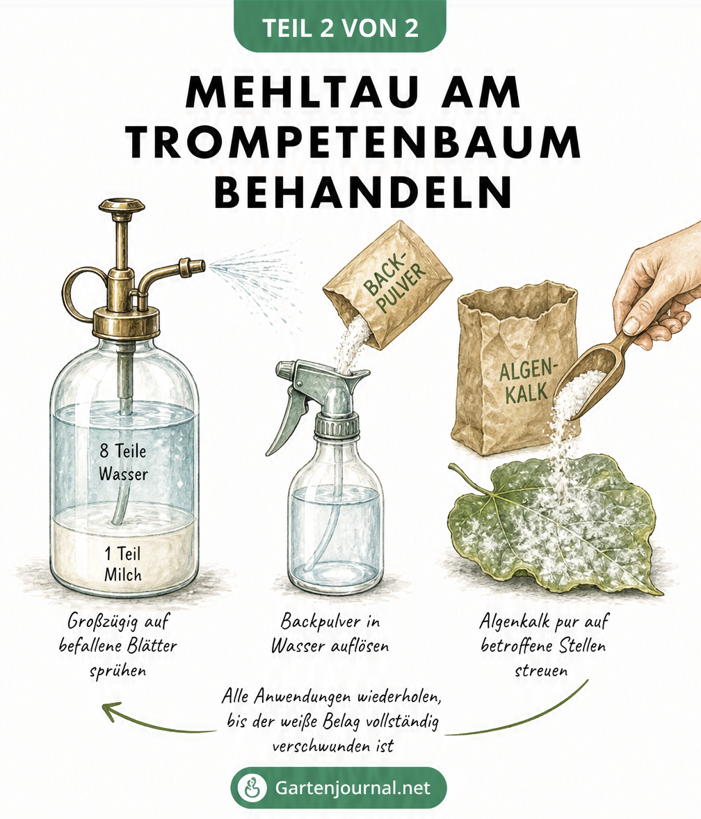Illustration von Hausmitteln gegen Mehltau: Milch-Wasser-Gemisch, Backpulver und Algenkalk